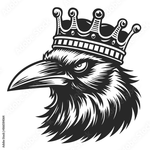 Fierce crow with a crown, tattoo line art illustration.