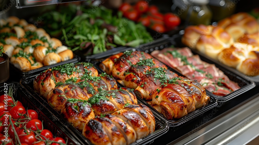 Close-up of succulent grilled chicken pieces garnished with fresh herbs on a serving tray at a buffet. In the background, an assortment of colorful vegetable dishes Close-up of succulent grilled chicken pieces garnished with fresh herbs on a serving tray at a buffet. In the background, an assortment of colorful vegetable dishes