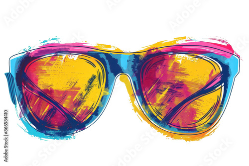 Colorful abstract sunglasses illustration with vibrant brushstrokes in yellow, blue, and pink. Stylish accessory art for summer vibes.