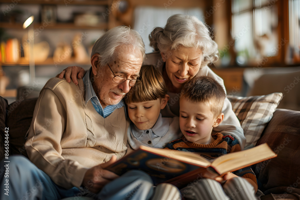 A detailed photo of grandparents reading a book to their grandchildren in a cozy living room, emphasizing warmth and family bonding A detailed photo of grandparents reading a book to their grandchildren in a cozy living room, emphasizing warmth and family bonding