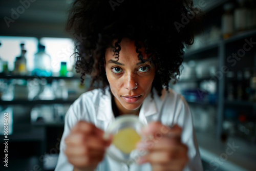 A focused scientist in a laboratory carefully examining a petri dish sample, contributing to crucial research and scientific advancements. photo