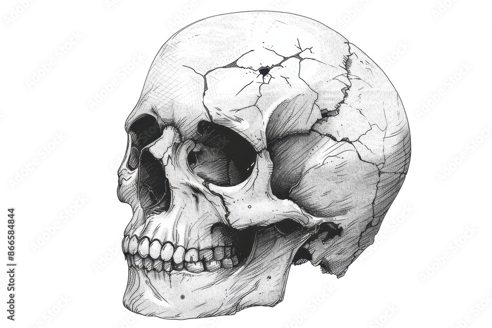 Obraz premium Detailed black and white illustration of a cracked human skull, showcasing its anatomical structure and artistic design for educational and artistic use.