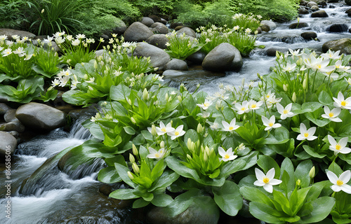 Spring, in the valley stream, there are endless flowers swaying in the wind. The sun shines on them from above, creating a soft dreamy light green color scheme. At close range,  the flowers and plants photo