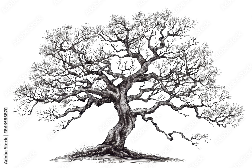 Intricate black-and-white illustration of a majestic tree with sprawling branches and detailed bark texture. Intricate black-and-white illustration of a majestic tree with sprawling branches and detailed bark texture.