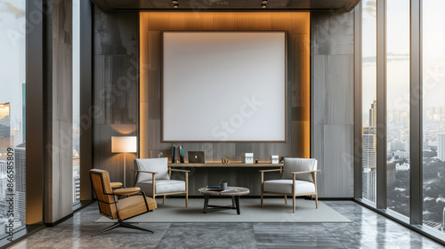 Modern office interior with blank canvas on wall  two armchairs and city view. Concept of business  work  success  luxury  design and minimalism