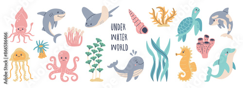 Set of hand drawn marine life. Fish and wild sea animals. Octopus, seahorse, whale, dolphin, killer whale, turtle, squid, cachalot. Algae and seashells. Vector cute flat cartoon illustration.