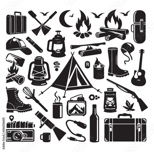 Camping and Outdoors set silhouette vector illustration.