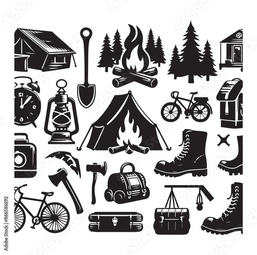 Camping and Outdoors set silhouette vector illustration