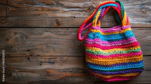 Colorful crochet bag created from leftover yarn on wood background symbolizing creativity and reuse Space for text photo