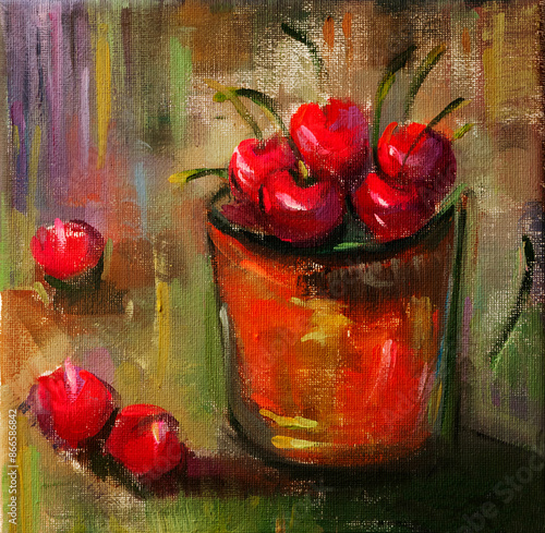 Still Life of beautiful red Cherries on a brown background, Artwork made with oils on a canvas with abstract brush strokes photo