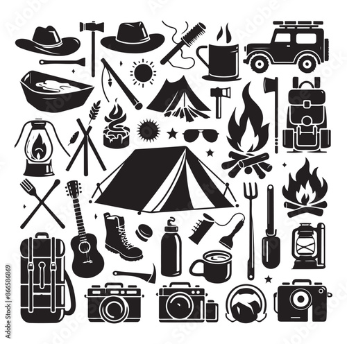 Camping and Outdoors set silhouette vector illustration.