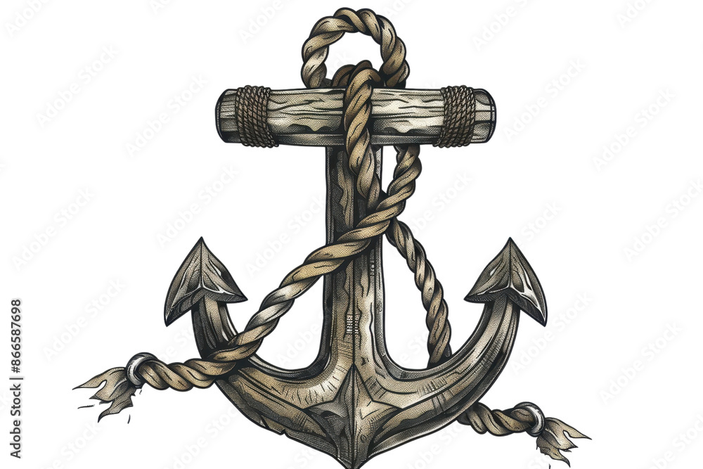 Obraz premium Vintage anchor with detailed rope, gray tones, symbolizing marine life, navigation, and stability. Perfect for nautical-themed designs.
