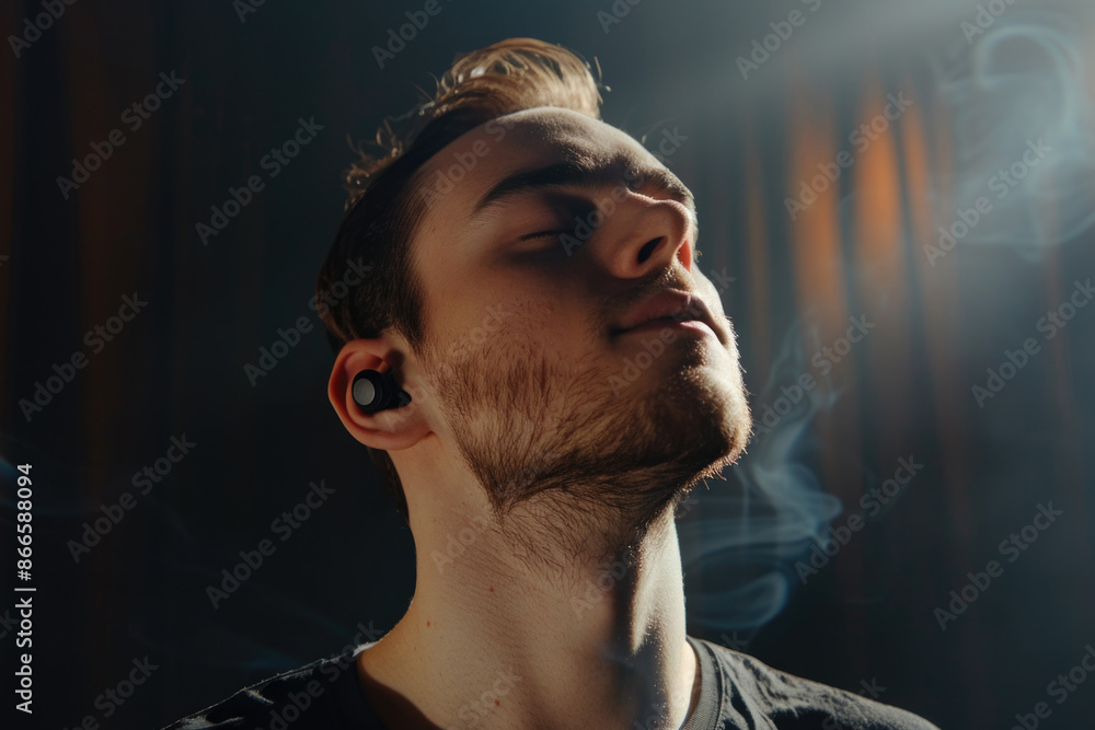 Obraz premium A man is wearing headphones and is looking at the camera