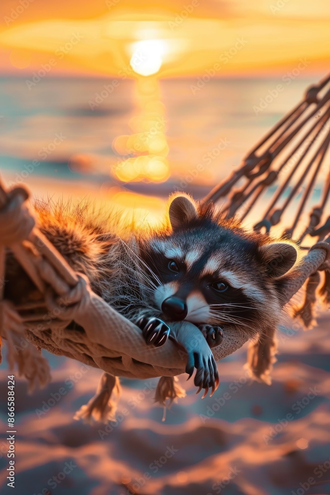 Obraz premium raccoon on a hammock against the background of the sea. Selective focus