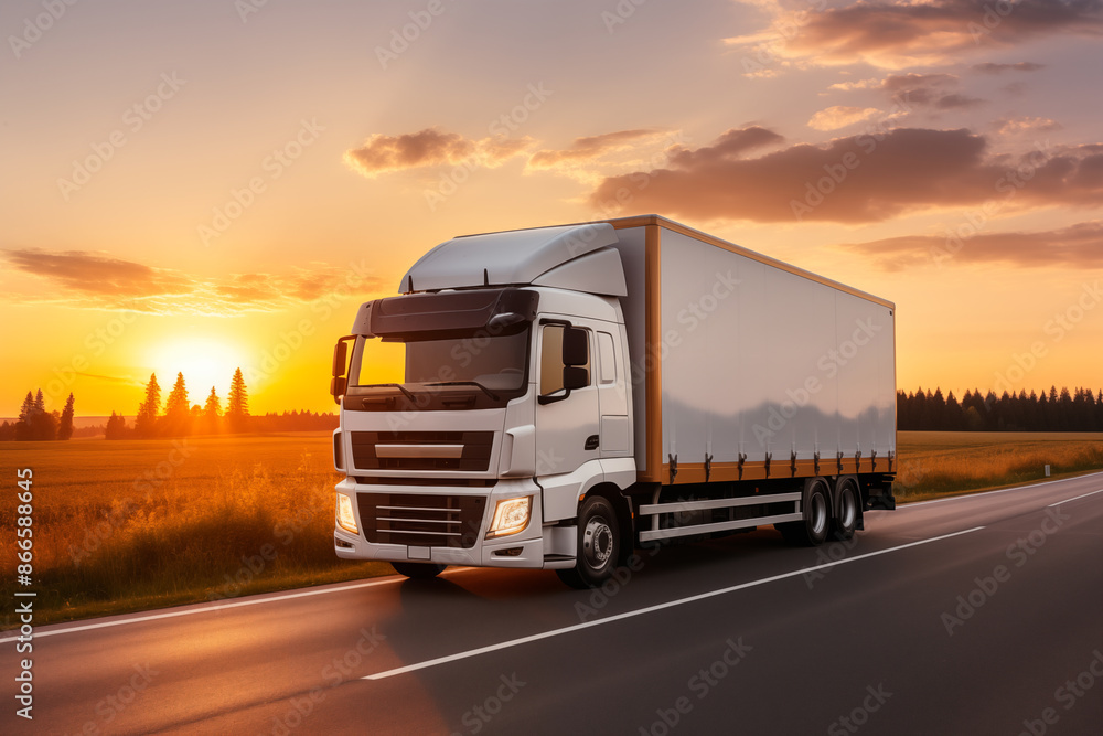 White cargo truck driving on the highway with beautiful scenery in the background at sunset during sunset. Image with copy-space. Blank space on the trailer for advertising or branding. Ai Generated. White cargo truck driving on the highway with beautiful scenery in the background at sunset during sunset. Image with copy-space. Blank space on the trailer for advertising or branding. Ai Generated.