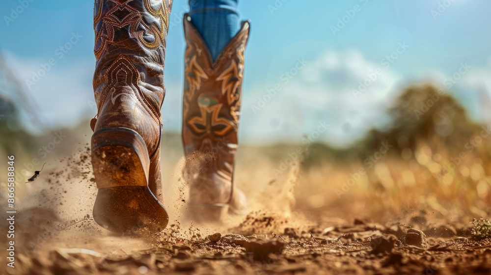 Close-up of cowboy boots walking on a dusty trail