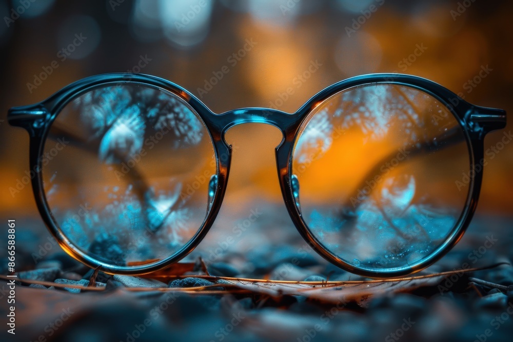 Eyeglasses are placed on a pebble path with lenses reflecting a blurred autumn foliage background of bokeh lights, creating a colorful and inviting scene. Eyeglasses are placed on a pebble path with lenses reflecting a blurred autumn foliage background of bokeh lights, creating a colorful and inviting scene.