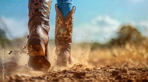 Obraz na płótnie Close-up of cowboy boots walking on a dusty trail w salonie