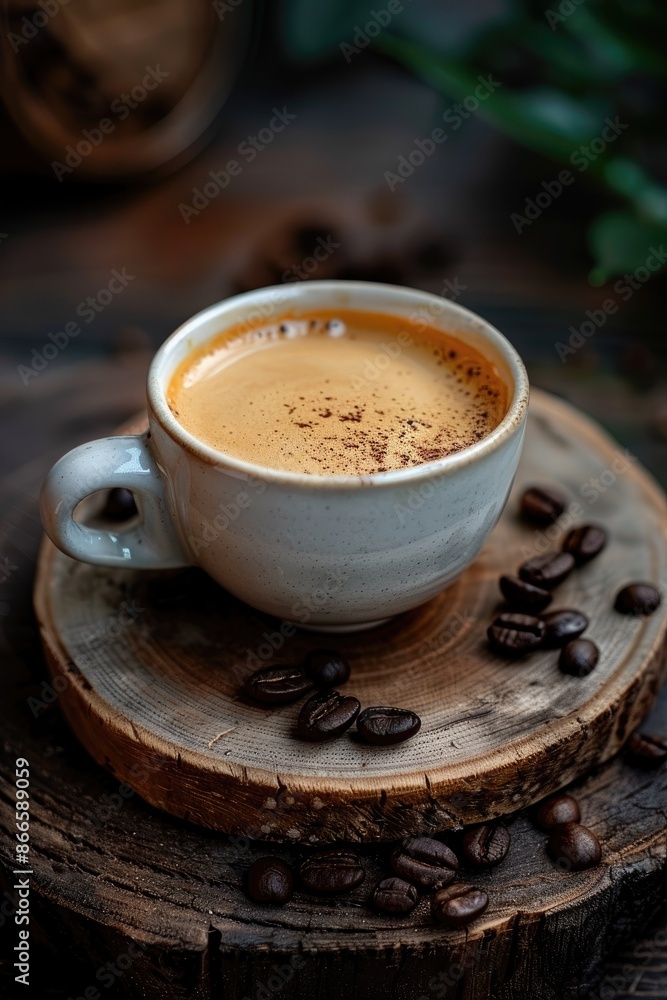 cup of coffee on wooden table and coffee beans. Selective focus cup of coffee on wooden table and coffee beans. Selective focus