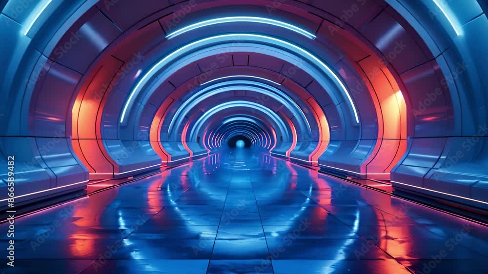 A futuristic tunnel with blue and orange lights. The tunnel is lined with white walls and has a reflective floor. The lights create a dramatic effect. A futuristic tunnel with blue and orange lights. The tunnel is lined with white walls and has a reflective floor. The lights create a dramatic effect.