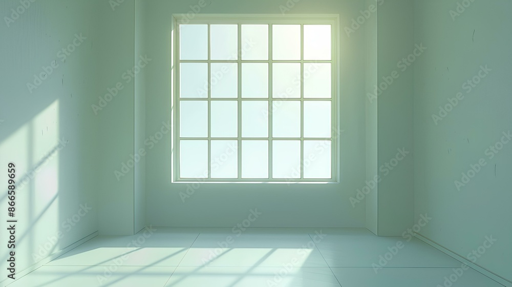 Fototapeta premium Bright empty room with large grid window and sunlight
