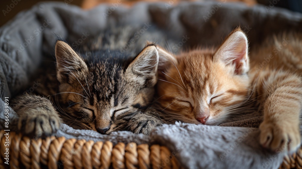 Peaceful Kittens: Two Adorable Cats Sleeping Contently in Cozy Basket Peaceful Kittens: Two Adorable Cats Sleeping Contently in Cozy Basket