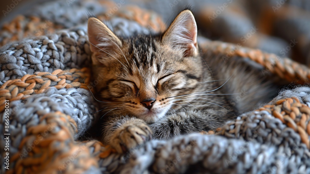 Cozy Cat Nap - Adorable kitten snuggled in a warm knitted blanket, peacefully dozing with closed eyes and gentle purring sound. Cozy Cat Nap - Adorable kitten snuggled in a warm knitted blanket, peacefully dozing with closed eyes and gentle purring sound.