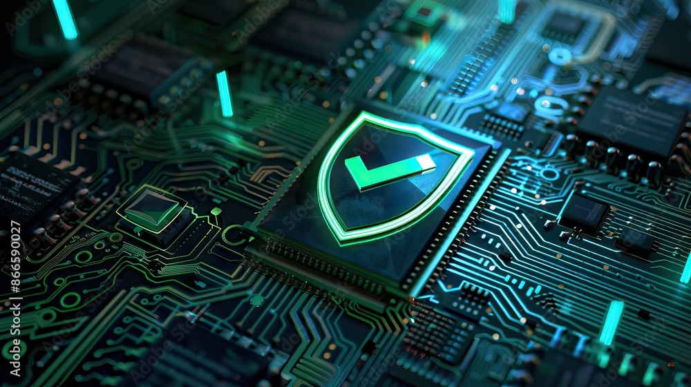 Digital security shield icon on a circuit board background. Printed ...