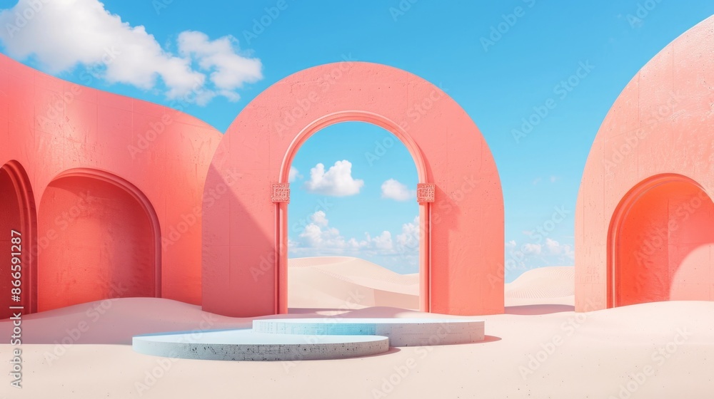 A pink and blue archway is in the middle of a pink and blue building A pink and blue archway is in the middle of a pink and blue building