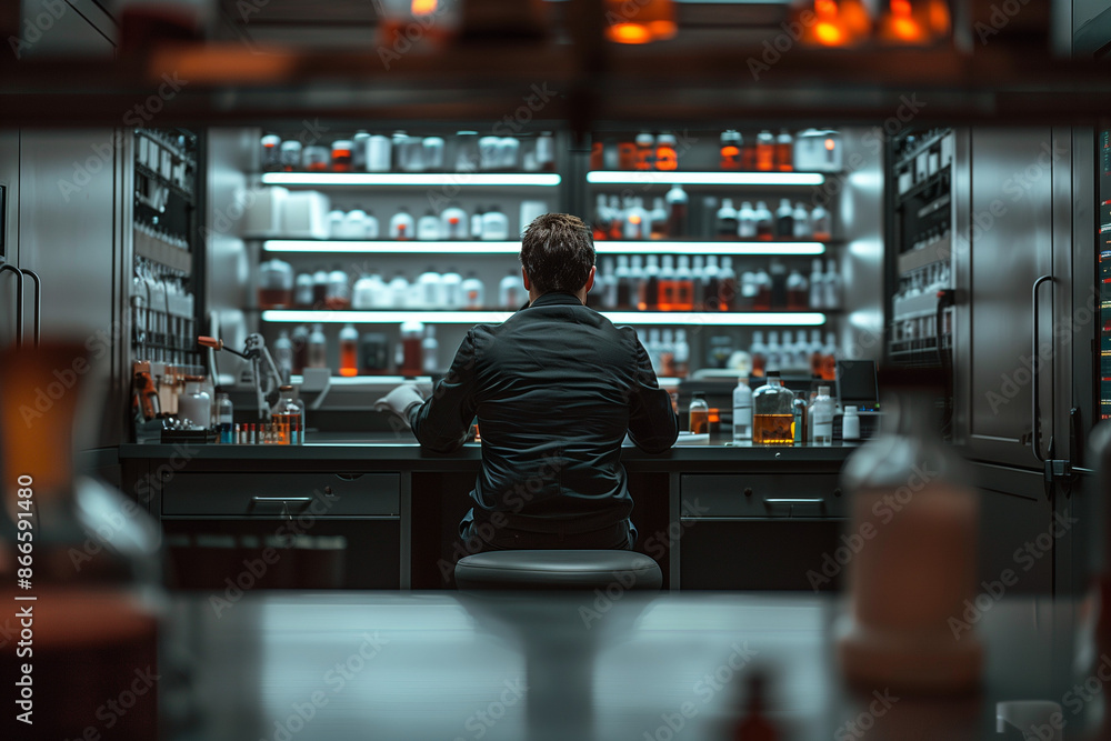 A scientist is seated in a modern laboratory, surrounded by shelves filled with various chemical bottles and scientific equipment. A scientist is seated in a modern laboratory, surrounded by shelves filled with various chemical bottles and scientific equipment.