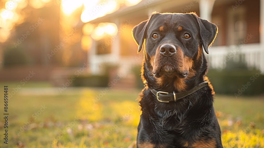 Fototapeta premium Watchful Rottweiler: Guarding Suburban Home in Morning Light