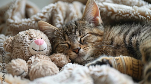 Wallpaper Mural Serene Cat Resting on Plush Toy - Peaceful Feline Relaxation Concept Torontodigital.ca