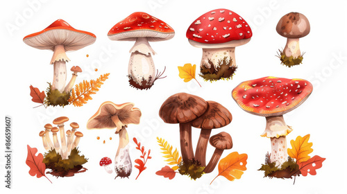  Sure, here's a reworded version:Forest ceps. Cartoon illustrations of oyster mushrooms, autumn harvest mushrooms, wild amanita, tasty shiitake boletus, edible fungi growing in the forest.