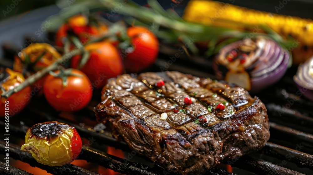 steak and vegetables on the grill. Selective focus steak and vegetables on the grill. Selective focus