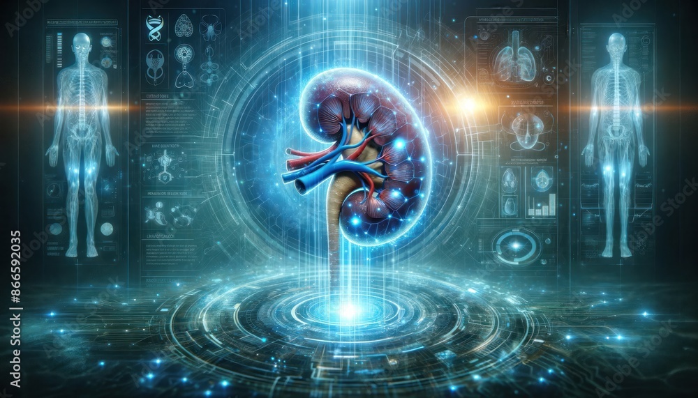 human kidney with a futuristic holographic overlay of medical data and diagnostics human kidney with a futuristic holographic overlay of medical data and diagnostics