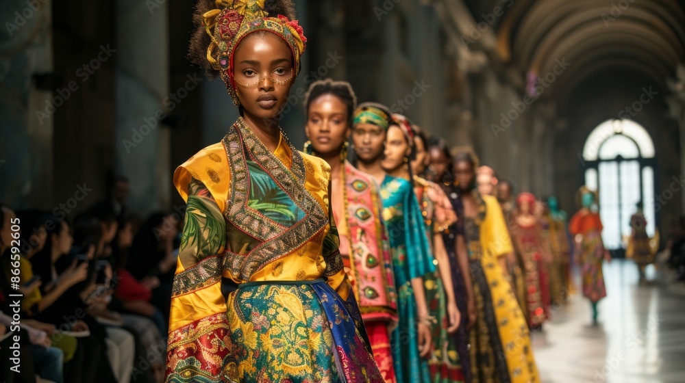 Models walk the runway in a variety of colorful, patterned garments, showcasing a vibrant and bold fashion collection Models walk the runway in a variety of colorful, patterned garments, showcasing a vibrant and bold fashion collection