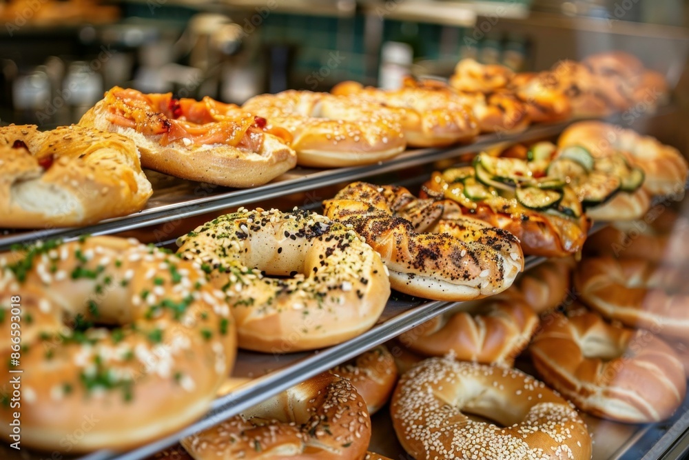 Delicious bagels with various toppings are sitting in a display case, waiting to be chosen by hungry customers Delicious bagels with various toppings are sitting in a display case, waiting to be chosen by hungry customers