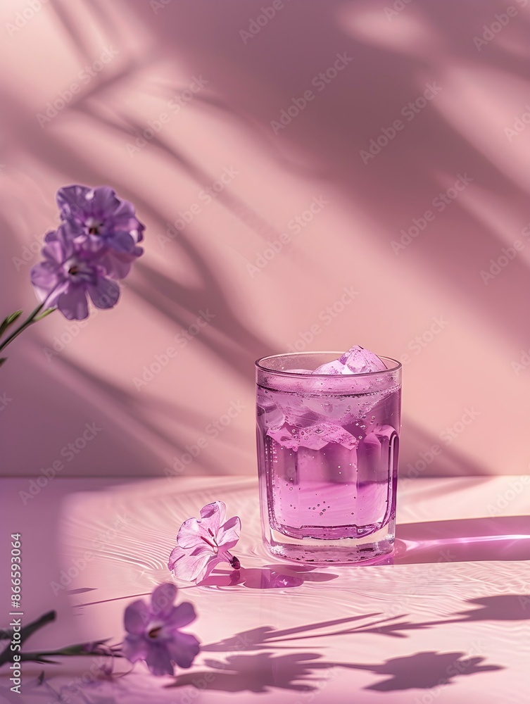 Purple Summer Drink on a pink Background with Sunlight and Shadows Purple Summer Drink on a pink Background with Sunlight and Shadows