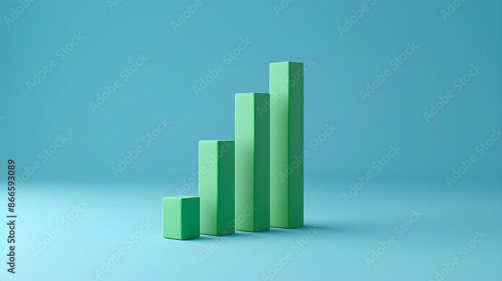 3D bar chart with ascending green bars on a blue background, representing growth, success, and positive progress. 3D bar chart with ascending green bars on a blue background, representing growth, success, and positive progress.