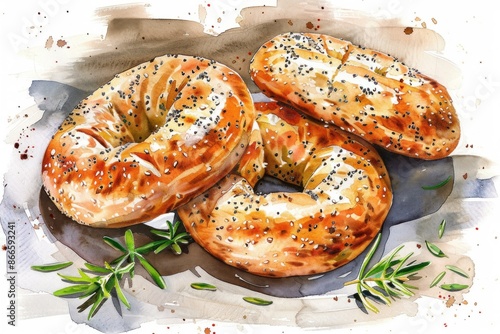 Watercolor painting showcasing the texture and aroma of freshly baked bagels adorned with sesame seeds and rosemary sprigs