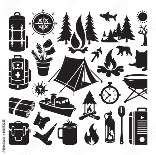 Camping and Outdoors set silhouette vector illustration.