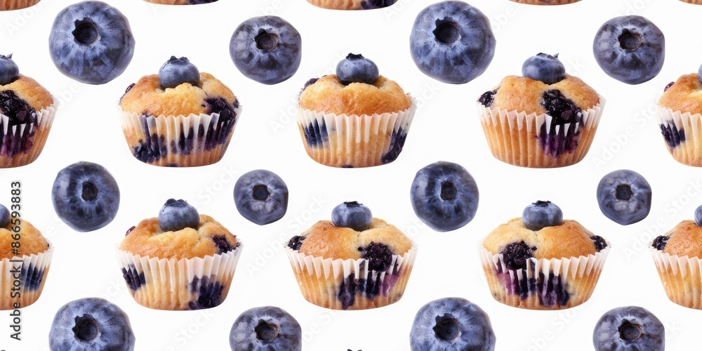 A row of blueberry muffins and blueberries are arranged in a pattern A row of blueberry muffins and blueberries are arranged in a pattern