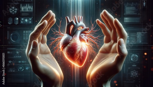 human heart being cradled in human hands, symbolizing care and medical breakthroughs photo
