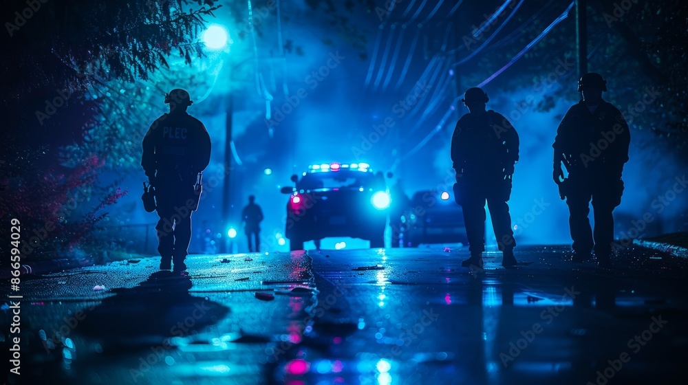 Police officers patrolling at night with blue lights