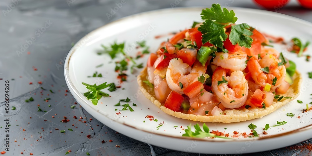 Avocado Shrimp Tostada A Delicious Mexican Dish with a Crispy Tortilla Base. Concept Mexican Cuisine, Avocado, Shrimp Tostada, Crispy Tortilla, Delicious Dish Avocado Shrimp Tostada A Delicious Mexican Dish with a Crispy Tortilla Base. Concept Mexican Cuisine, Avocado, Shrimp Tostada, Crispy Tortilla, Delicious Dish