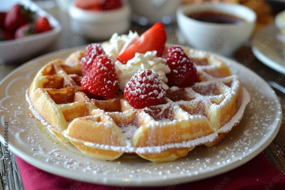 Enjoying a delicious breakfast of waffles, berries, and cream Enjoying a delicious breakfast of waffles, berries, and cream