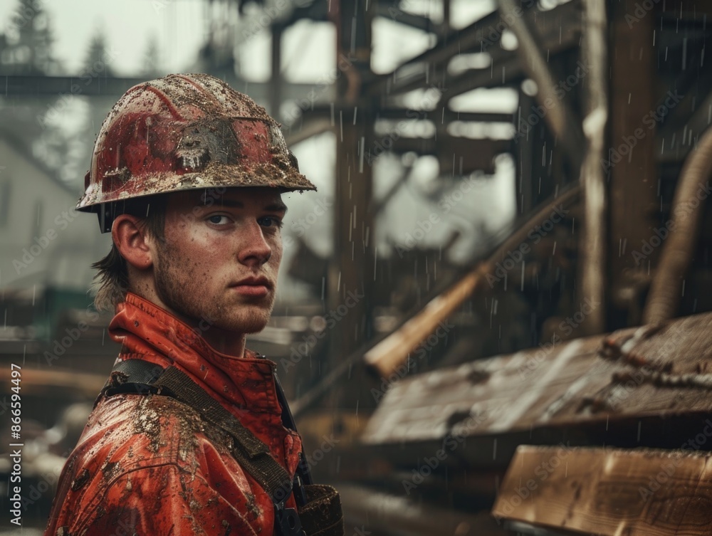 A man in a red jacket and helmet stands in a rain-soaked construction site A man in a red jacket and helmet stands in a rain-soaked construction site