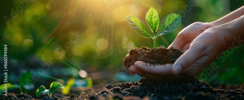 A Persons Hand Holding a Small Sapling in Soil With a Sunny Blurred Background