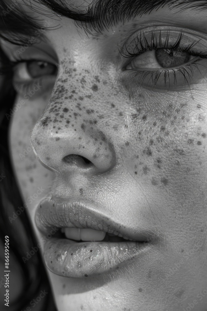 Fototapeta premium A woman with a pockmarked nose and dark eyes