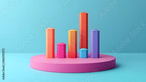 Brightly colored 3D bar graph with a pink base and various colored bars on a blue background, representing data visualization and statistics.